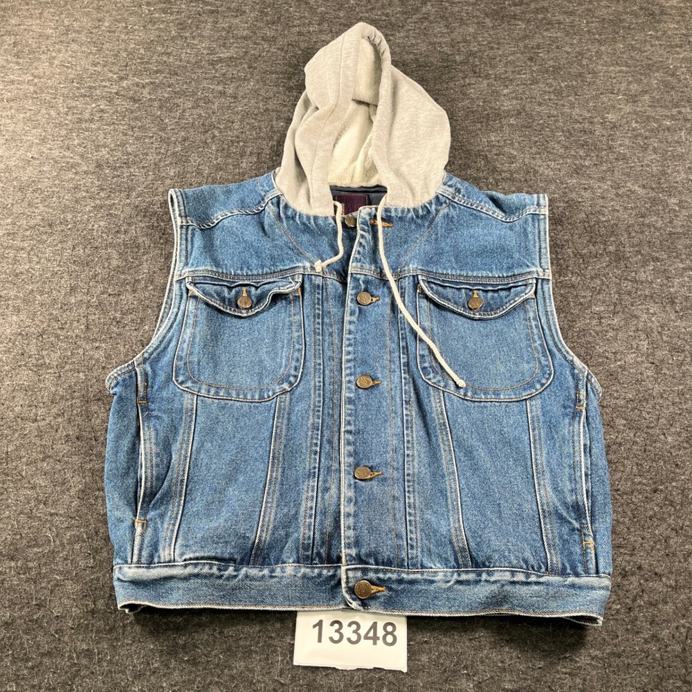Vintage Gitano Jacket Vest Mens XL Blue Denim Cotton Hooded Button Front Casual